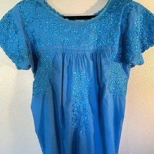Embroidered Mexican San Antonino Dress - Turquoise on Turquoise